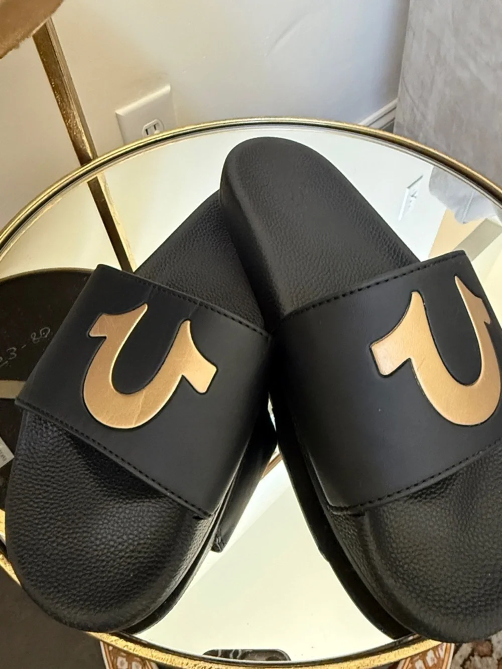True Religion Black Slide Sandals Size 43 Gold Horseshoe Logo